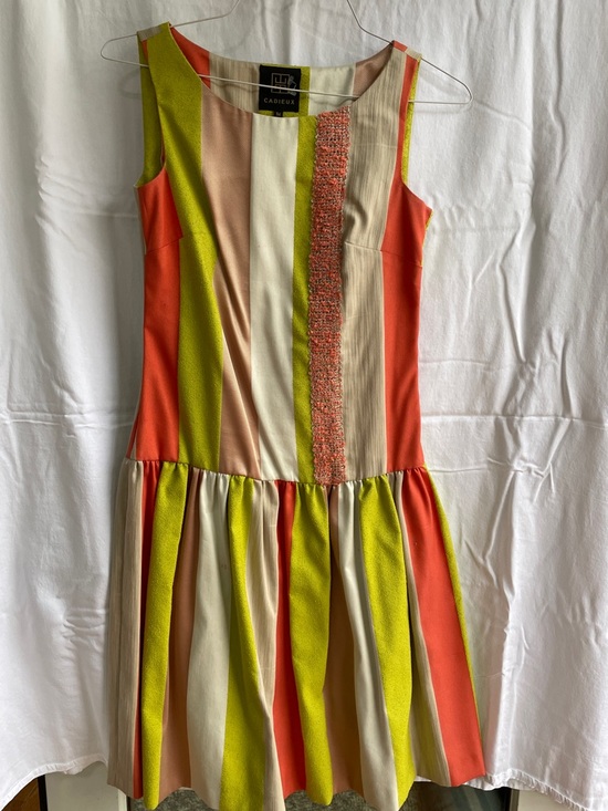 Dresses & Skirts - Vintage Striped Drop-Waist Dress in Coral, Yellow & Cream